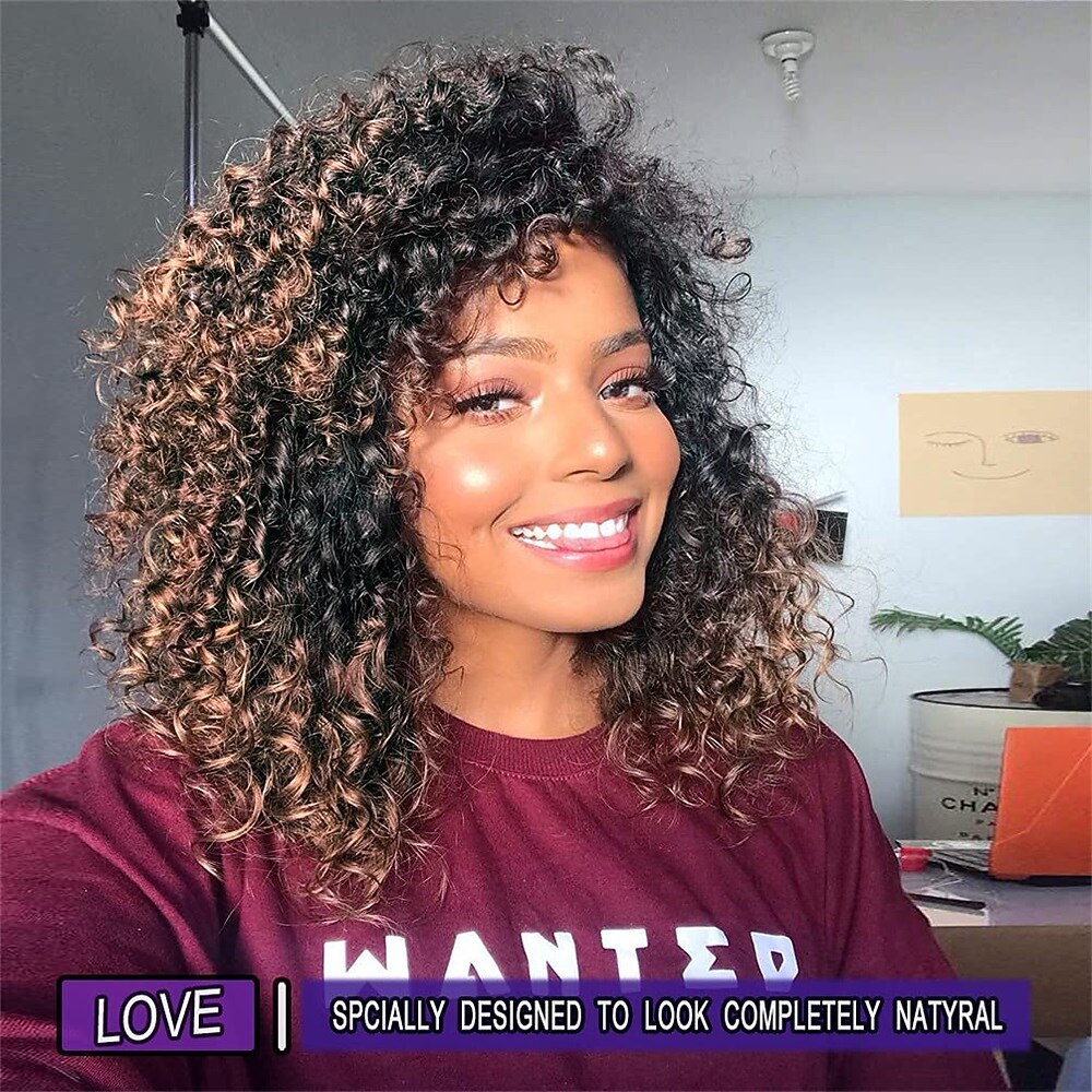 gekrulde pruiken voor zwarte vrouwen - kinky afro krullende pruik met pony 2 toon blond gemengd bruin kleur synthetisch hittebestendig volledige pruiken kerstfeestpruiken 2025 - $21.99 –P9