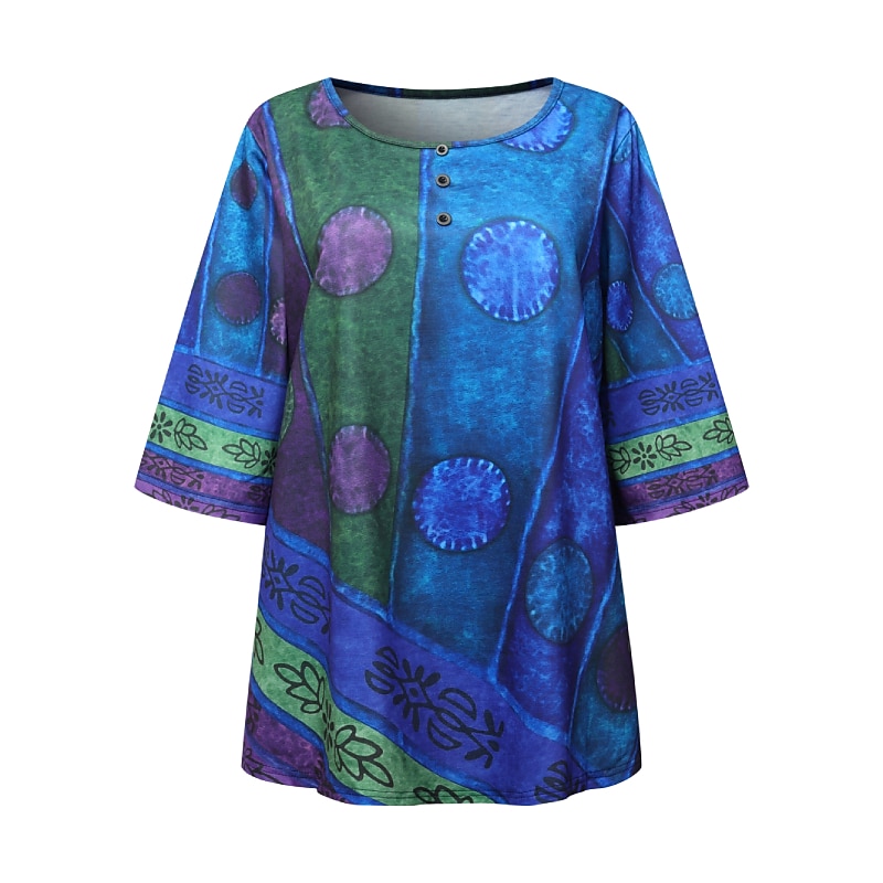 Women's Plus Size Linen Shirt Boho T-shirt T Shirt Streetwear Casual Color Block Striped Print Half Sleeve Regular Tops Crew Neck Daily Sports Weekend Red Blue Purple Summer Spring 2026 - $14.49 –P1