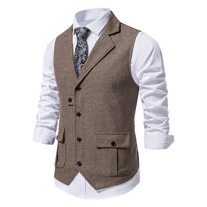 Men's Vest Waistcoat Wedding Party / Evening Vintage Retro Spring Fall Pocket Polyester Warm Solid Color Single Breasted Regular Fit Navy Blue Dark Green Coffee Gray Vest 2026 - $40.99 –P2