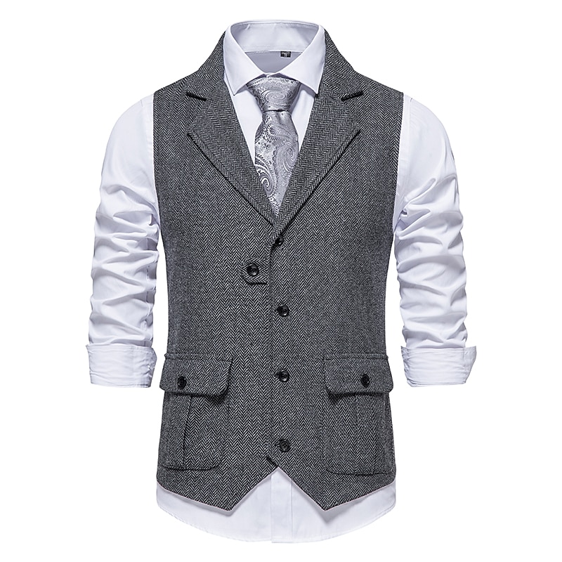 Men's Vest Waistcoat Wedding Party / Evening Vintage Retro Spring Fall Pocket Polyester Warm Solid Color Single Breasted Regular Fit Navy Blue Dark Green Coffee Gray Vest 2026 - $40.99 –P7