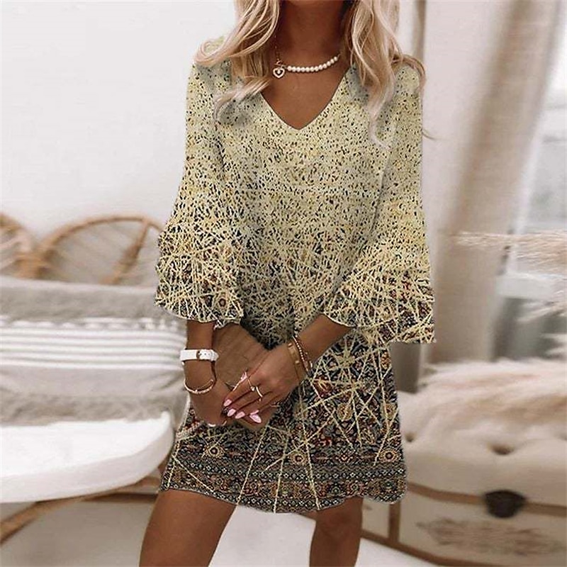 Damen Mini Kleid Halbformales Kleid Petite Kleid Sommerkleid A-Linie Kleid Bohemian Freizeit Boho Rüschensäume Urlaub Straße Alltag Reguläre Passform Floral Gestreift 3/4 Länge Ärmel V-Ausschnitt Weiß 2025 - $46.99 –P4