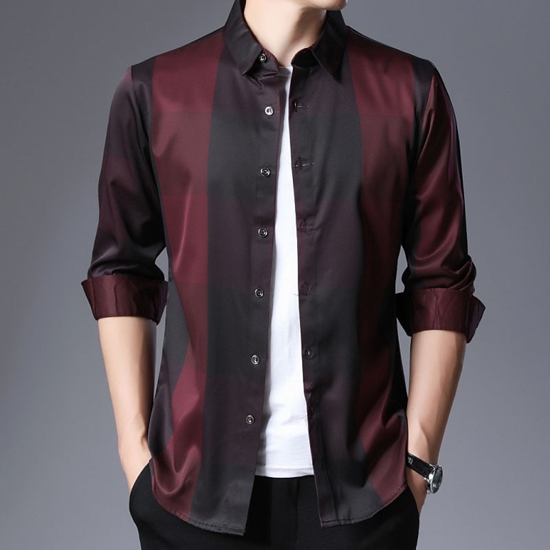 Hombre Camisa para Vestido Camisa sin planchar Camisa de cuello Abotonar la camisa Tartán Boda Exterior Rojo Azul Piscina Gris Manga Larga Cuello Vuelto Verano Primavera Ropa Abotonar 2026 - $27.99 –P5