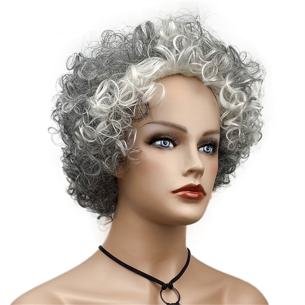 Le parrucche da donna nere ricci corte miste crema grigio scuro riscaldano i capelli naturali lisci e amichevoli del 2025 a $29.99 –P4