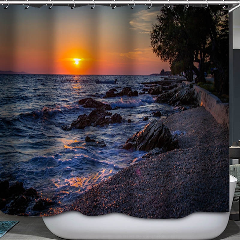 Shower Curtain with Hooks 180cm*180cm(70"*70") Polyester Washable Waterproof Sunrise Sunset Sea Seaside Coconut Tree Pattern 2025 - $27.99 –P16