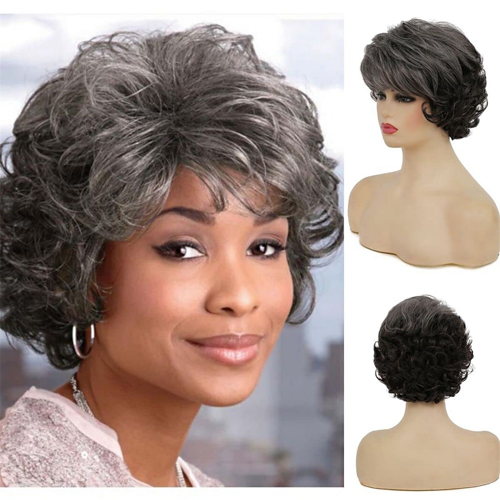 parrucche grigie corte ricci per le donne parrucca sintetica naturale soffice a strati cosplay di halloween resistente al calore del 2025 a $24.99 –P6