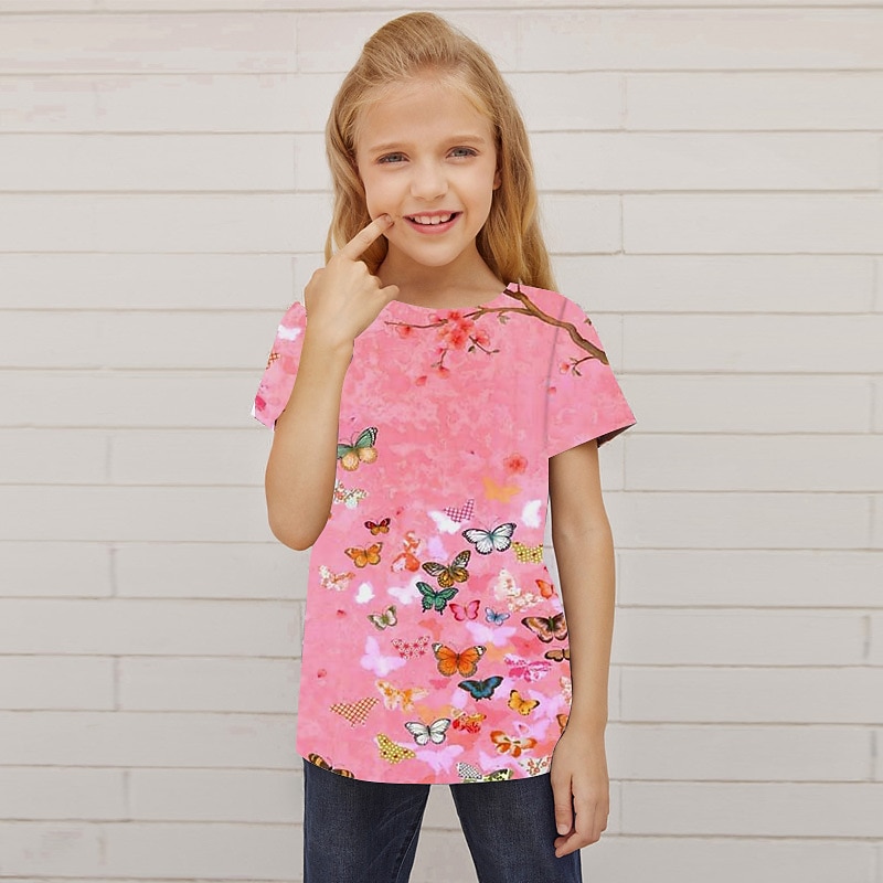 Fete 3D Animal Fluture Tricou Manșon scurt Tipărire 3D Vară Primăvară Activ Modă Drăguţ Copii 3-12 ani În aer liber Zilnic Interior Fit regulat 2026 - $11.99 –P5