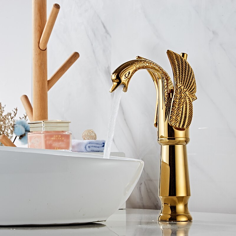 retro badkamer wastafel mengkraan messing swan shap, monobloc wasruimte wastafelkranen enkele handgreep een gat badrandcombinaties, mono watervat kraan warme en koude slang antiek 2025 - $145.99 –P16