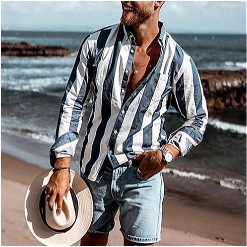 Men's Striped Geometric Pattern Shirt Long Sleeve Sports Fashion Designer Daily Holiday Spring, Fall, Winter, Summer Turndown Button-Down Purple Green Blue-White Gray 2025 - $26.99 –P1