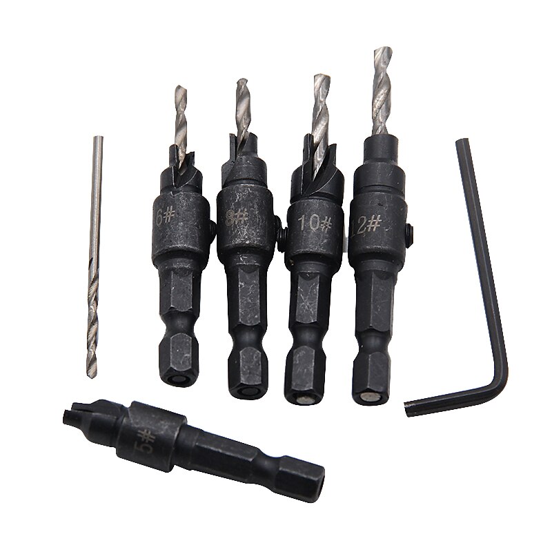 5 יחידות מקדחי hss 1/4 שוק משושה שקוע שקוע כלי טפח לעיבוד עץ חור פיילוט גודל #6 #8 #10 #12 #14 עם מפתח מפתח אחד 2025 - $11.99 –P7