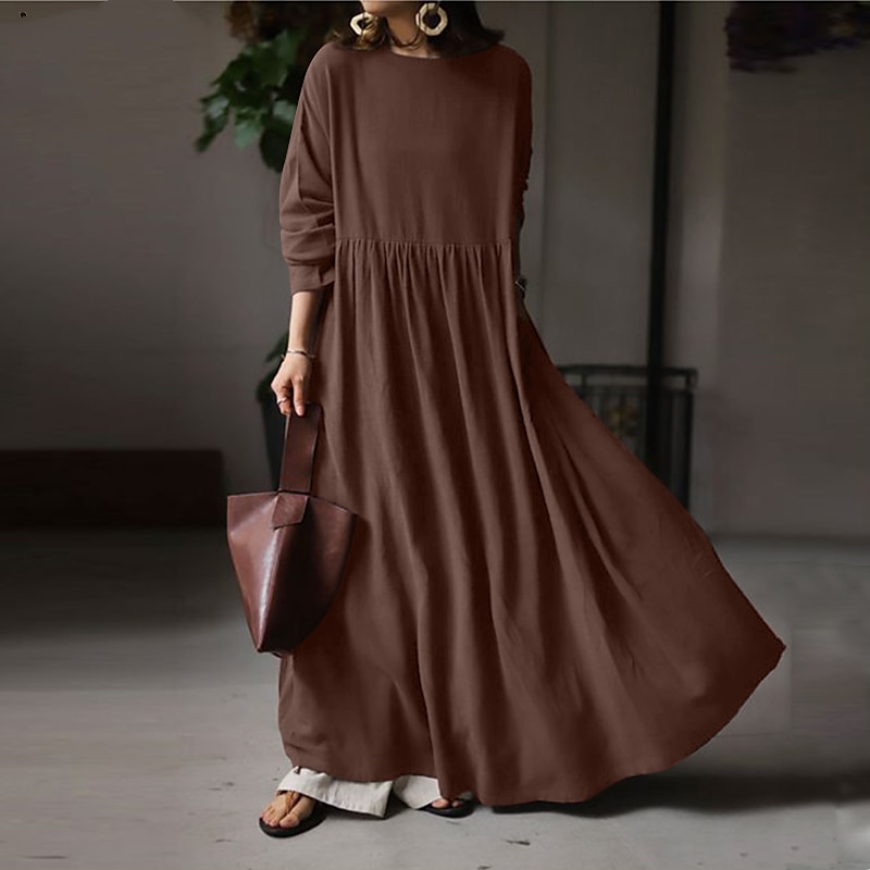 Robe en coton et lin Robe casual Femme Robe longue maxi Lin Bohème Décontractées robe hiver du quotidien Vacances Col Ras du Cou Patchwork manche longue Eté Printemps Automne lin Ample Noir Blanche de 2025 ? $32.99 –P2