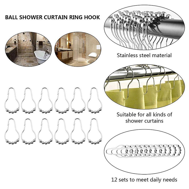 12 pcs Stainless Steel Curtain Hooks Bath Curtain Rollerball Shower Curtain Rings Hooks 5 Rollers Polished Satin Nickel Ball 2026 - $15.49 –P4