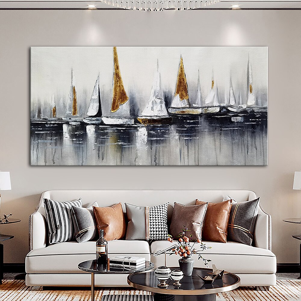 peinture à l'huile 100% fait main peint à la main art mural sur toile abstrait horizontal abstrait océan voilier paysage moderne décoration de la maison décor toile roulée pas de cadre non tendu de 2025 ? $100.99 –P5