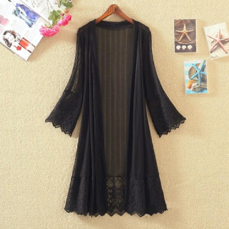 Women's Cardigan Lace Solid Color Basic Casual Lace Long Sleeve Loose Sweater Cardigans Open Front Spring Summer White Black / Holiday 2025 - $16.99 –P6