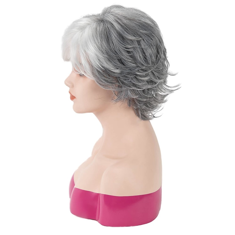 Short Grey Pixie Cut Wigs for Women layered Synthetic Hair Mixed Gray Wig with White Bangs Natural Wavy Wigs for Old Lady 2025 - $24.99 –P19