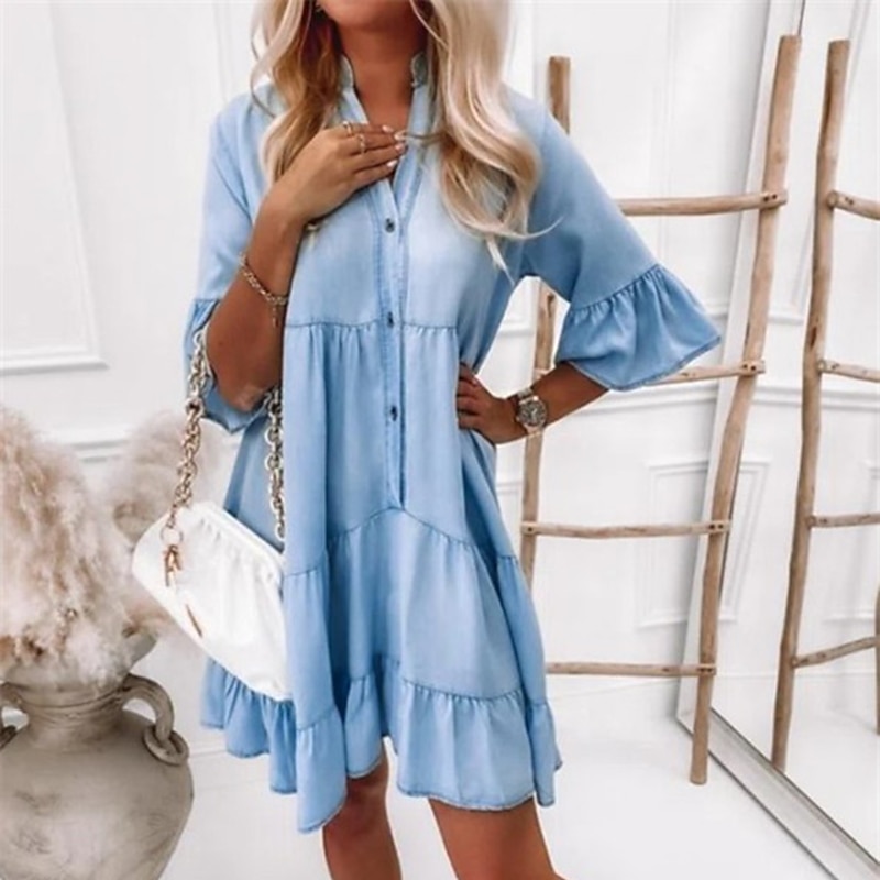 Dam Denimklänningar Vardagsklänning Denimskjorta klänning Midiklänning Denim Ledigt Utomhus Dagligen Semester Tröjkrage Knapp Halvlång ärm Sommar Vår 2023 Lös passning Ljusblå Ren färg S M L XL XXL 2025 - $41.99 –P5