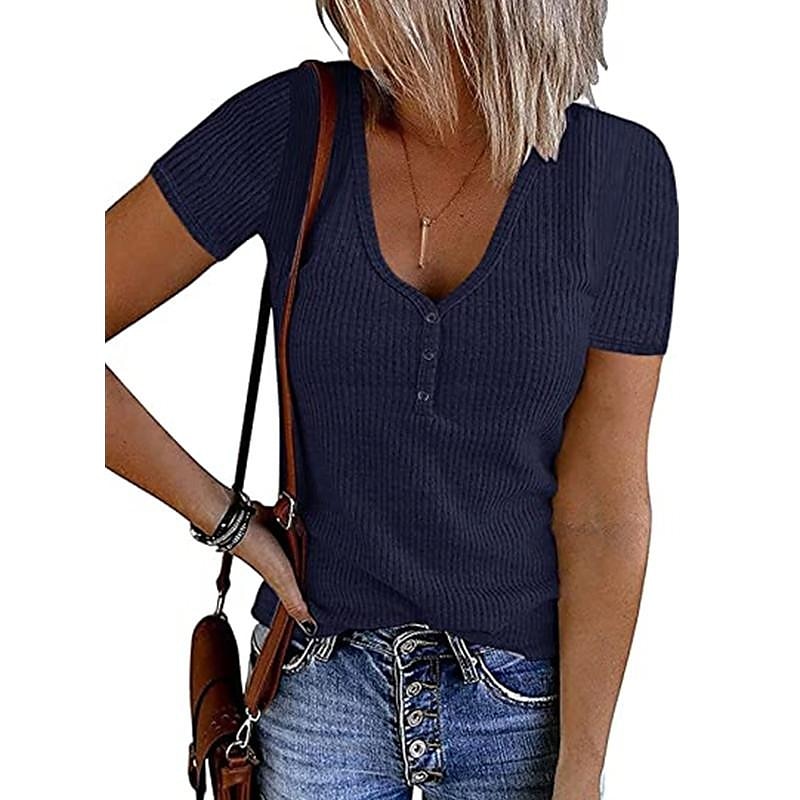 Women's Henley Shirt T shirt Tee Black White Pink Plain Button Short Sleeve Casual Daily Sexy Round Neck Regular S 2025 - $27.99 –P10