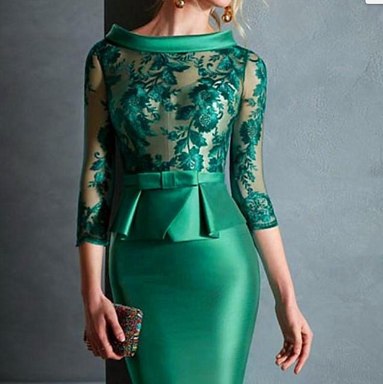 TS Sheath / Column Cocktail Dresses Elegant Dress Christmas Engagement Knee Length 3/4 Length Sleeve Jewel Neck Fall Wedding Guest Satin with Buttons Appliques 2024 free custom size 2024 - GBP £103 –P1