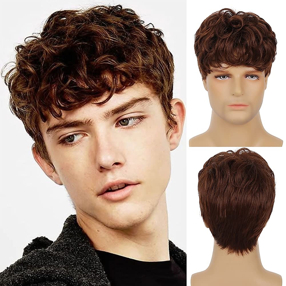 Swiking Men Dark Brown Layered Wig for Male Guy Short Curly Wavy Synthetic Cosplay Halloween Costume Hair Full Wigs 
