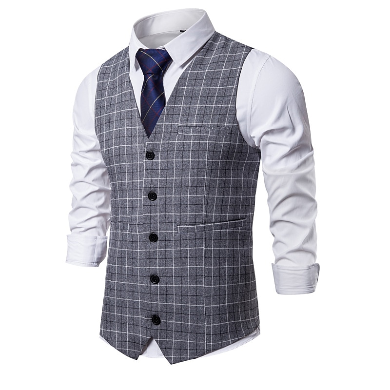 Herren Weste Hochzeit Freizeitskleidung Ausgehen Festival Geschäftlich Basic Herbst Winter Tasche Polyester Atmungsaktiv Weich Komfortabel Plaid Einreihiger Verschluss V Ausschnitt Regular Fit Kamel 2025 - $33.99 –P2
