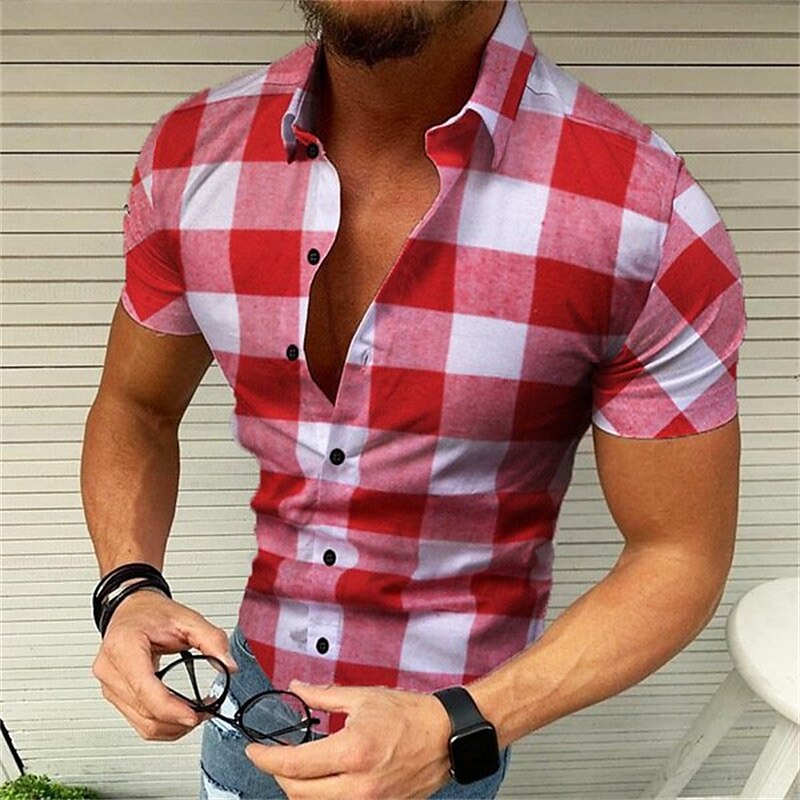 Herren Hemd Popover-Shirt Sommerhemd Knopfhemd Kariertes Hemd trachtenhemd Wein Schwarz Gelb Rote Grün Kurzarm Graphic Plaid / Karomuster Gitter Umlegekragen Heißprägen Strasse Casual Bedruckt 2025 - $17.49 –P5