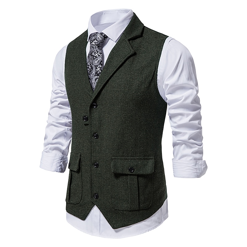 Men's Vest Waistcoat Wedding Party / Evening Vintage Retro Spring Fall Pocket Polyester Warm Solid Color Single Breasted Regular Fit Navy Blue Dark Green Coffee Gray Vest 2026 - $40.99 –P4