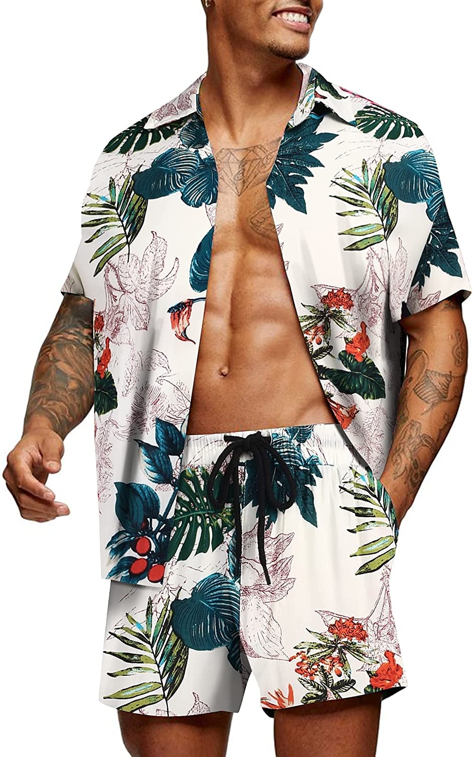 Men's Floral Graphic Tropical Flowers 2pcs Shirts Sets Summer Hawaiian Shirt Short Sleeve Short Pants Turndown Designer Beach Vacation Casual Daily 3D Summer Silver Red / White Green / Black 2025 - $34.99 –P19