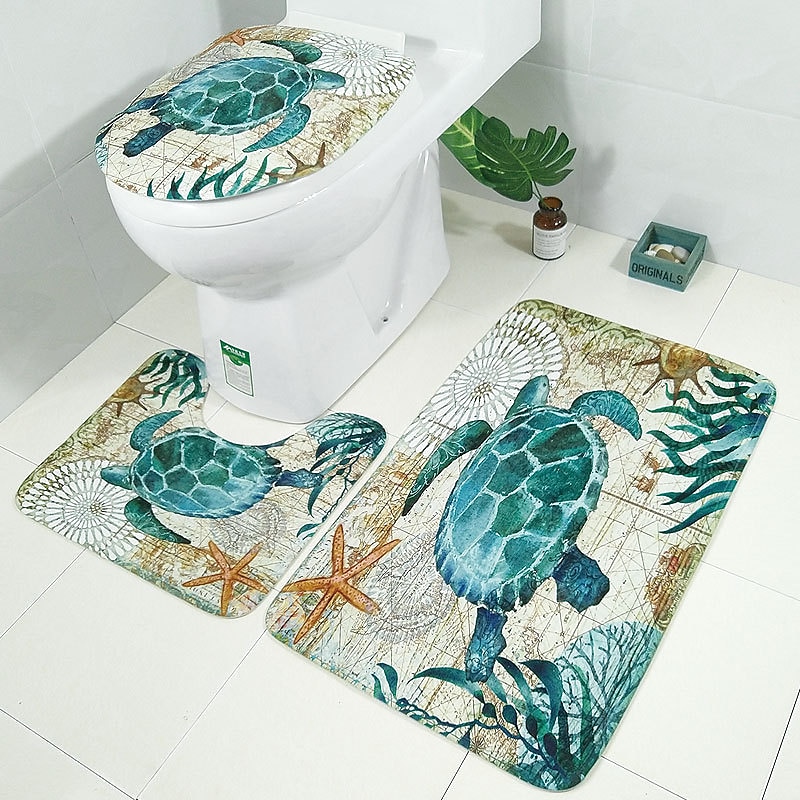 3PCS Conch Bathroom Set Non Slip Toilet Lid Cover+Pedestal Mat+Bath Rug Carpet 