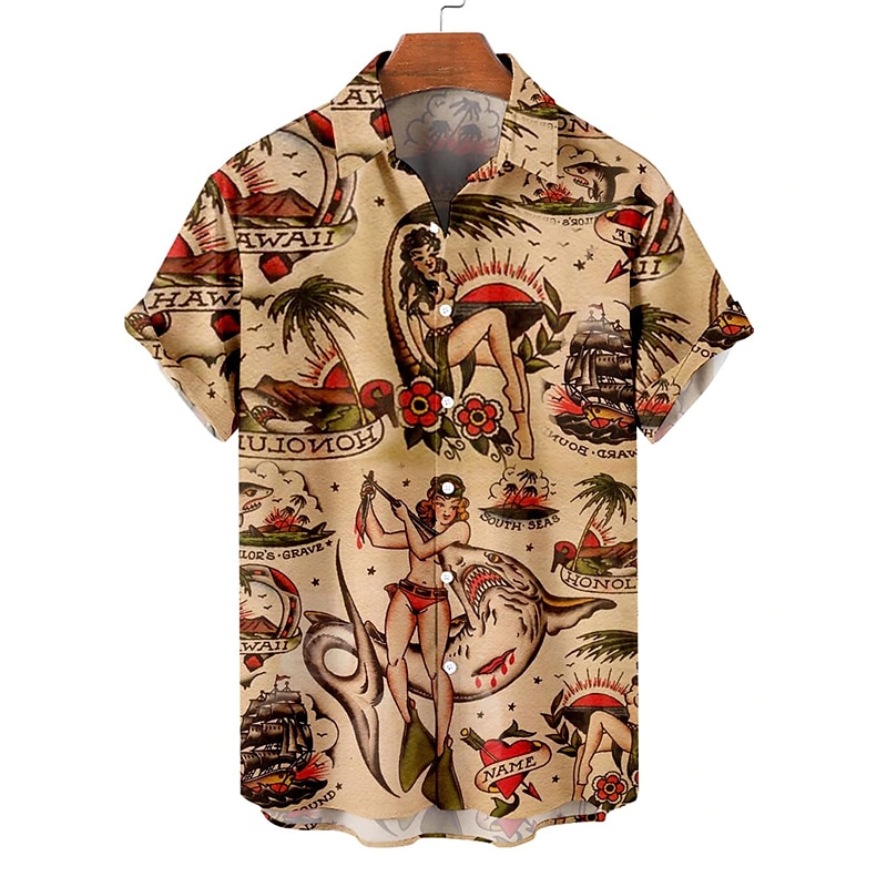 Men's Palm Leaf Pin Up Girl Shirt Summer Hawaiian Shirt Aloha Shirt Short Sleeve Shirt Turndown Vintage Fashion Designer Vacation Casual Daily Yellow Blue Brown Print S M L 2025 - $24.99 –P1