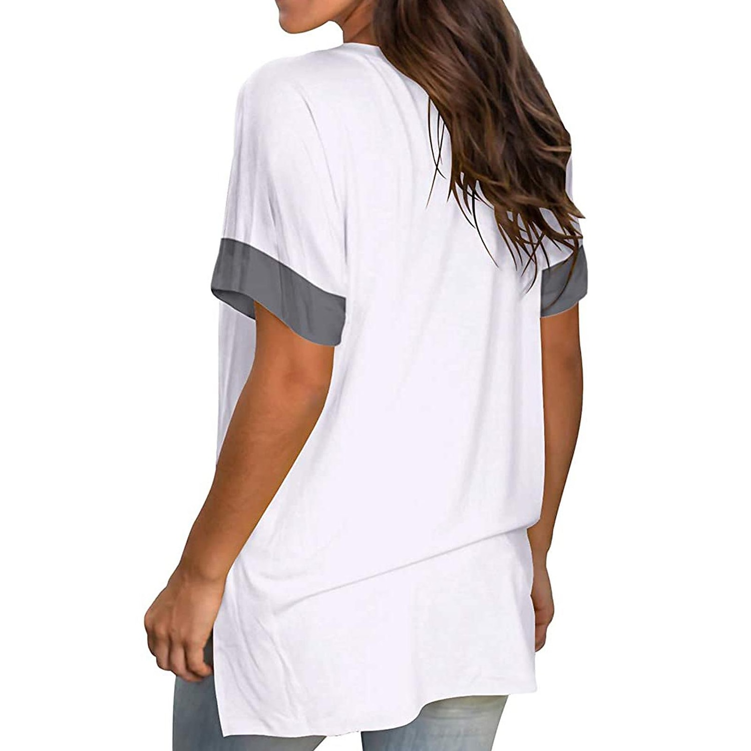 primavera estate delle donne bottoming camicia tinta unita scollo a v a maniche corte cuciture pullover t-shirt donna del 2025 a $24.99 -P2