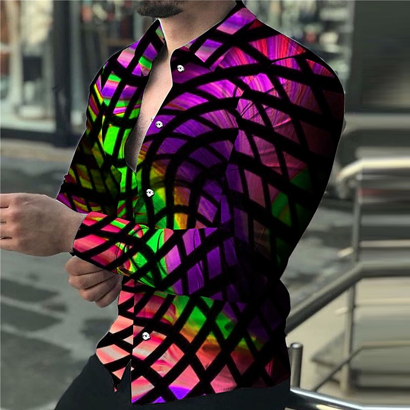 Men's Color Block Optical Illusion Geometric Pattern Shirt Button Up Shirt Long Sleeve Fashion Designer Casual Outdoor Street Holiday Summer Spring Turndown Print Button-Down Pink Purple Green 2025 - $24.99 –P4