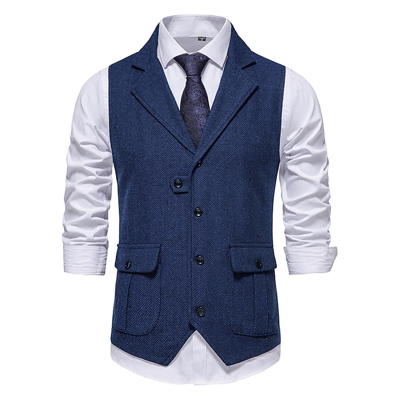 Men's Vest Waistcoat Wedding Party / Evening Vintage Retro Spring Fall Pocket Polyester Warm Solid Color Single Breasted Regular Fit Navy Blue Dark Green Coffee Gray Vest 2026 - $40.99 –P5