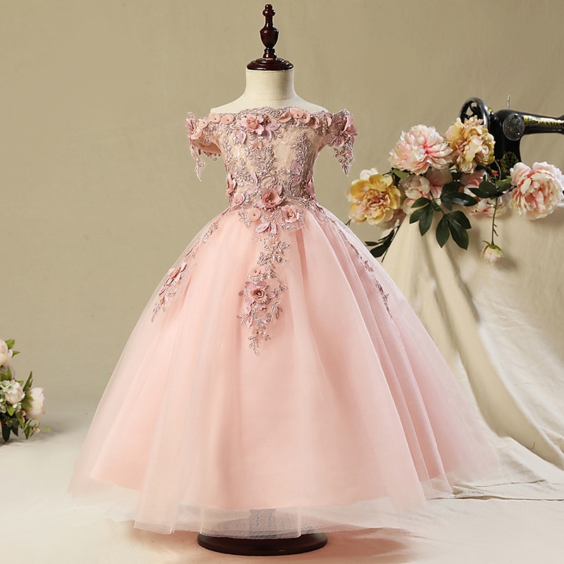 Abito da damigella d'onore bambina Da ragazza Vestito Abito da principessa Vestito da festa Matrimonio Feste Pegeant Elegante Da principessa Dolce Retato Fiore decorativo Manica corta Senza spalline del 2025 a $86.99 –P4
