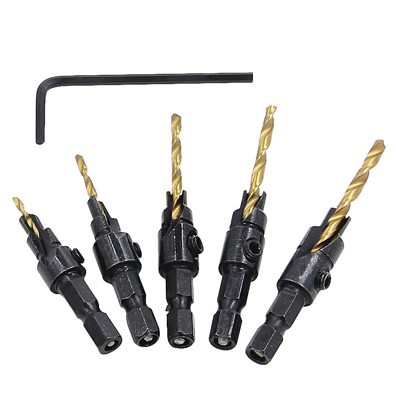 5 יחידות מקדחי hss 1/4 שוק משושה שקוע שקוע כלי טפח לעיבוד עץ חור פיילוט גודל #6 #8 #10 #12 #14 עם מפתח מפתח אחד 2025 - $11.99 –P4