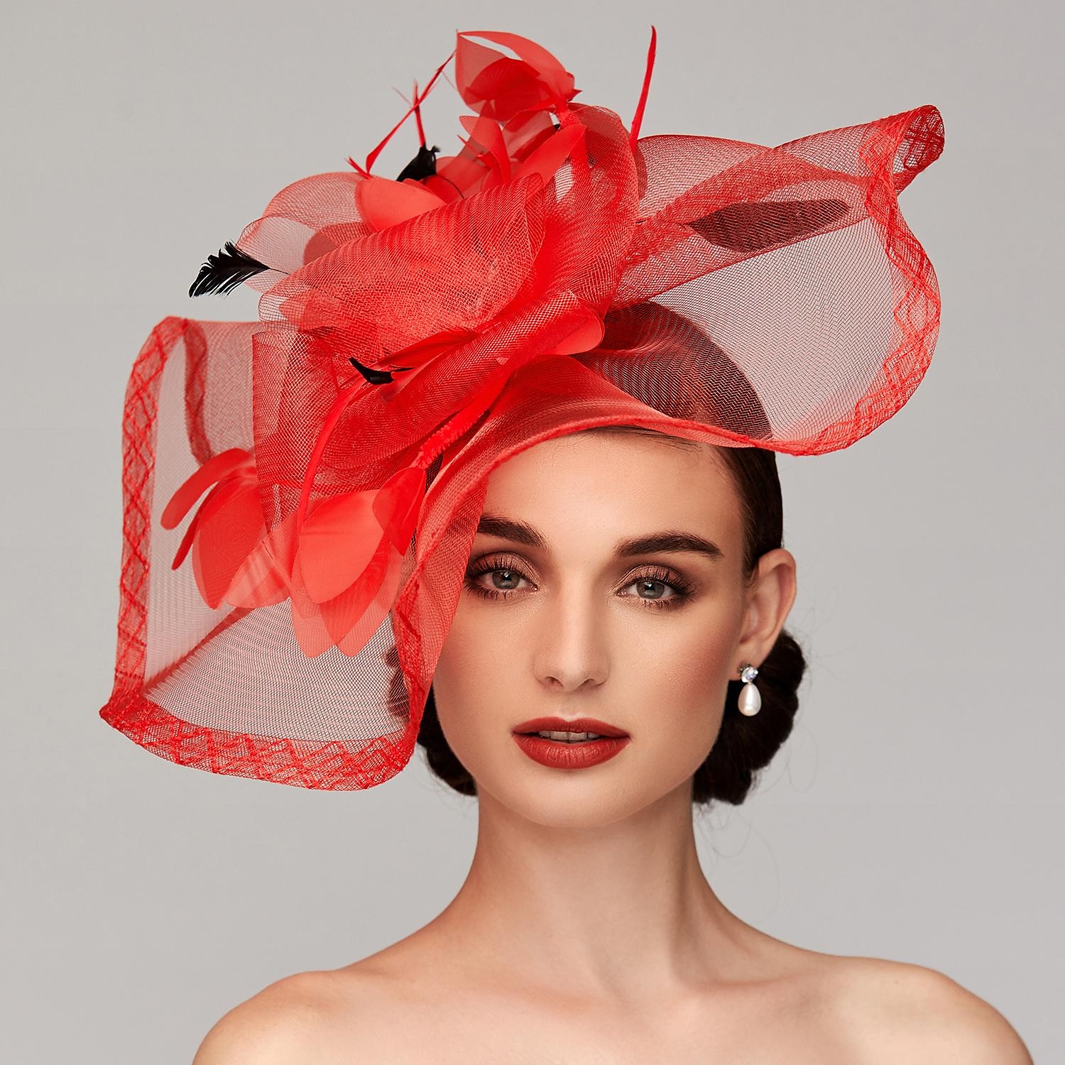 Flowers Feather Net Kentucky Derby Hat Fascinators Headpiece with Feather Floral 1PC Horse Race Ladies Day Melbourne Cup Headpiece 2024 - $19.49 –P1