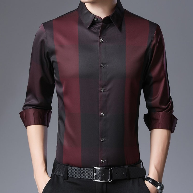 Hombre Camisa para Vestido Camisa sin planchar Camisa de cuello Abotonar la camisa Tartán Boda Exterior Rojo Azul Piscina Gris Manga Larga Cuello Vuelto Verano Primavera Ropa Abotonar 2026 - $27.99 –P4