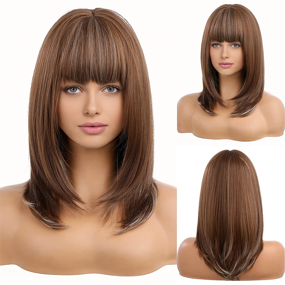 długie blond peruki dla kobiet warstwowe peruki z włosów ombre z schludną grzywką peruki barbiecore 2026 - $29.99 –P2