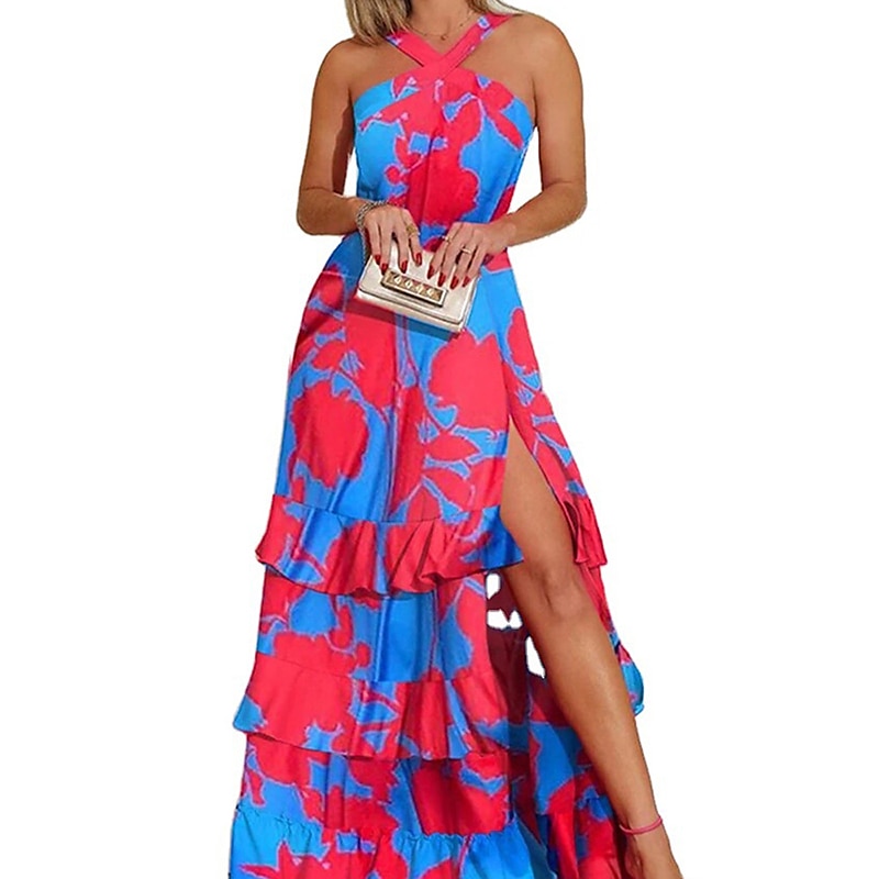 Women's Swing Dress Maxi long Dress Blue Sleeveless Print Abstract Layered Split Cold Shoulder Spring Summer Halter Neck Cold Shoulder Personalized Stylish Vacation 2023 S M L XL XXL / 3D Print 2025 - $44.99 –P4
