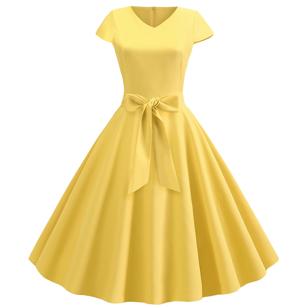 Retro / vintage Lata 50. Sukienka z linii Rockabilly Sukienka huśtawka Krótki kimonowy Łuk Równina W serek Strój na bal maskowy Damskie Bal maskowy Spotkanie towarzyskie Herbaciane przyjęcie Codzienne 2025 - €14.99 –P7