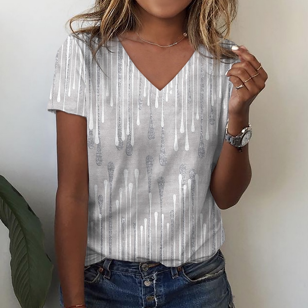 Mulheres Camiseta Listrado Básico Clássico Estampado Manga Curta Decote V Tops regulares Casual Feriado Final de semana Imprimir Branco Cinzento Verão Primavera de 2025 por $19.99 –P2