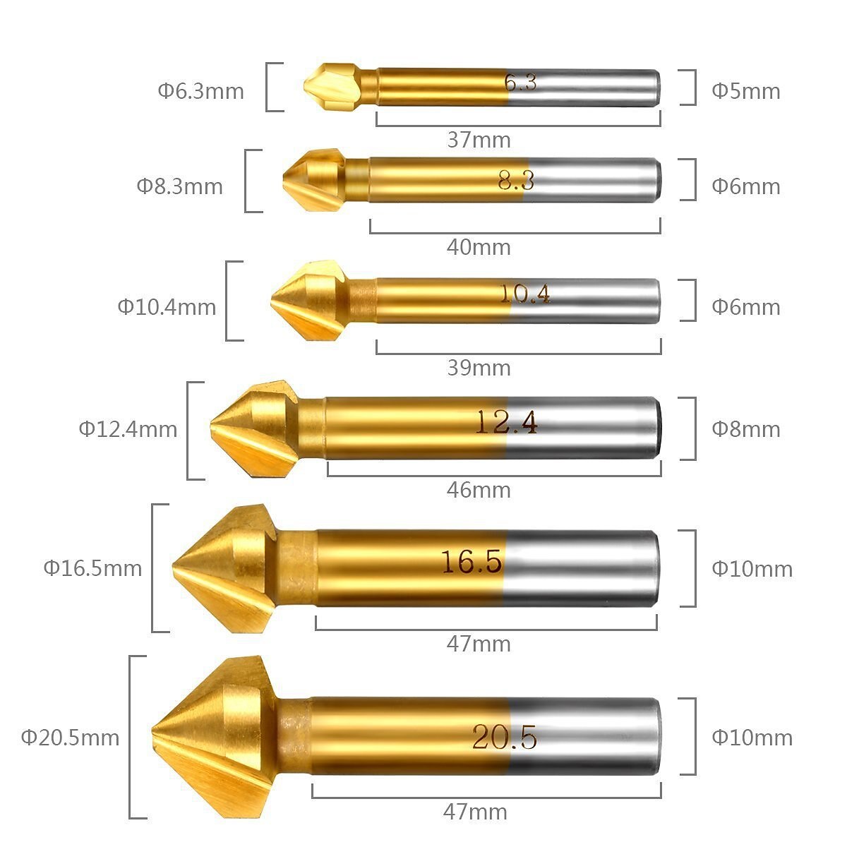 ronde schacht 6 stks/set 3 fluit hss harde metalen drie rand afschuining afkanten frees cutter bit verzinkboor 2025 - $17.99 –P1