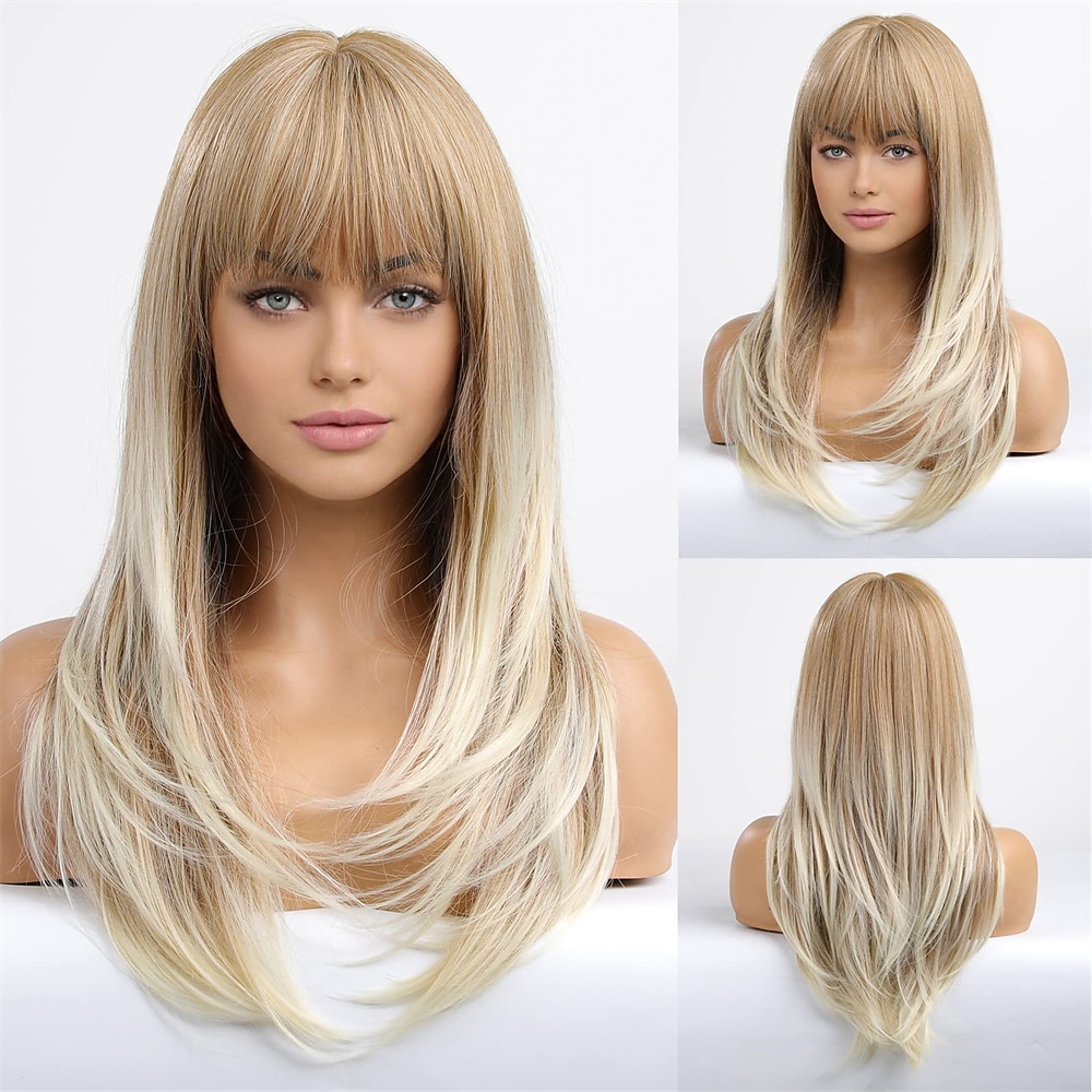 długie blond peruki dla kobiet warstwowe peruki z włosów ombre z schludną grzywką peruki barbiecore 2026 - $29.99 –P3