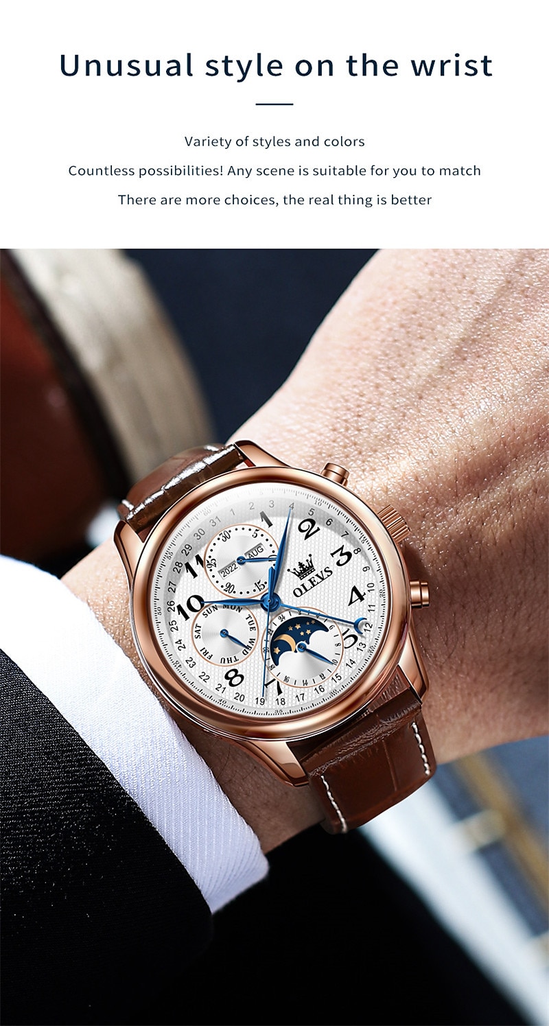 OLEVS Men Mechanical Watch Calendar Luxury Waterproof Wristwatch Automatic Self-winding Moon phase Dual Display Calendar Stainless Steel Strap Watch 2025 - $121.99 –P12