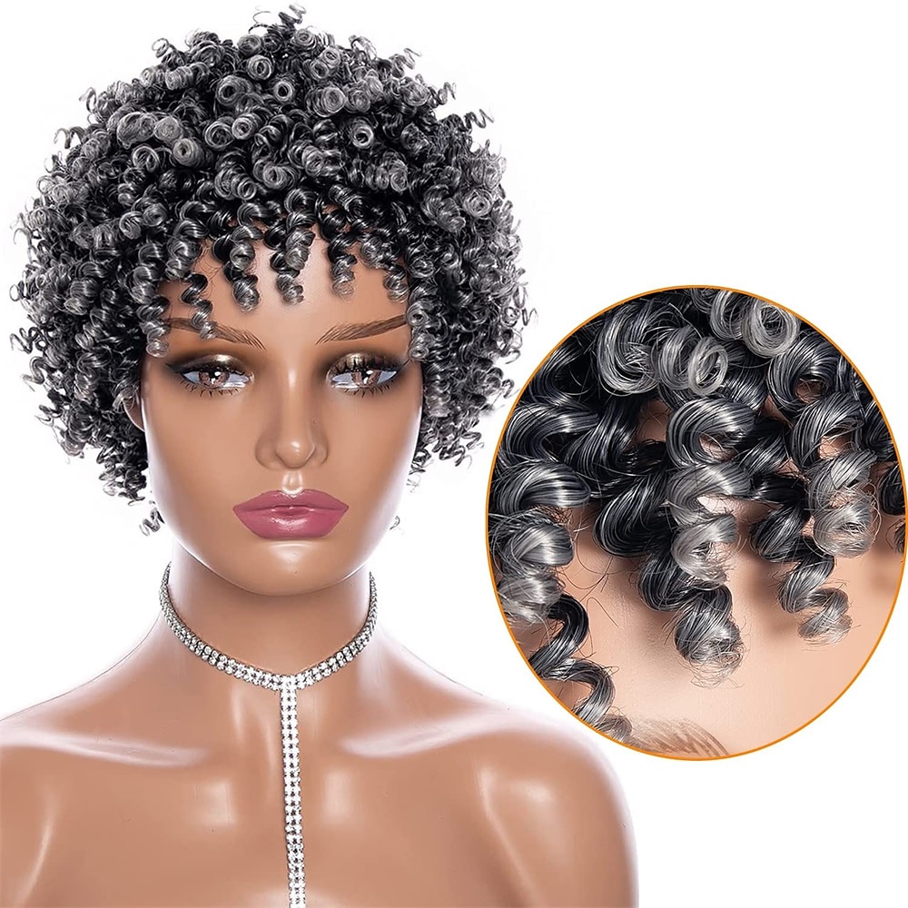 parrucche grigie per donne nere parrucche afro parrucche ricci corti parrucca riccia crespa con frangetta parrucche di capelli naturali del 2025 a $36.99 –P1