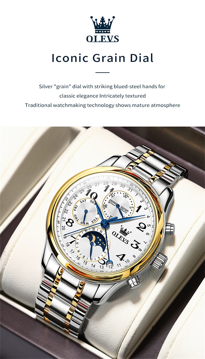 OLEVS Men Mechanical Watch Calendar Luxury Waterproof Wristwatch Automatic Self-winding Moon phase Dual Display Calendar Stainless Steel Strap Watch 2025 - $121.99 –P3