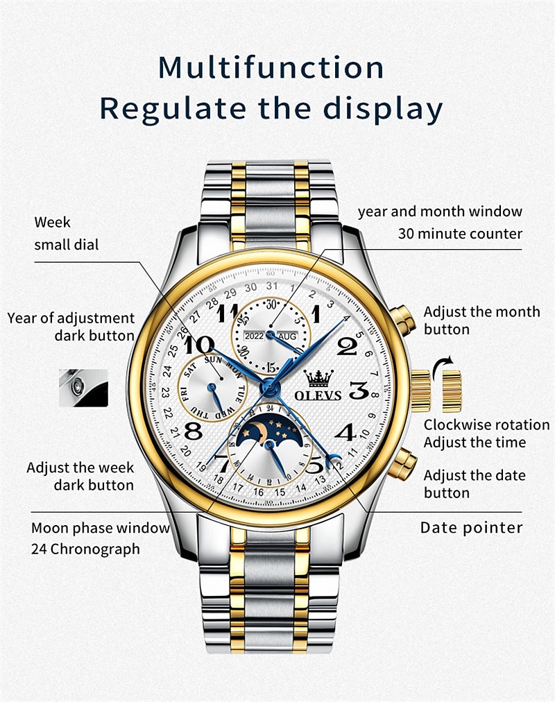 OLEVS Men Mechanical Watch Calendar Luxury Waterproof Wristwatch Automatic Self-winding Moon phase Dual Display Calendar Stainless Steel Strap Watch 2025 - $121.99 –P7