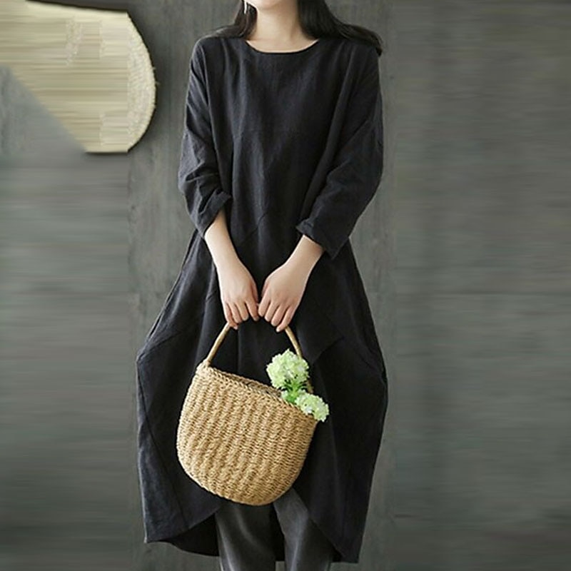 Women's Black Green Gray Summer Spring Fall Maxi Dress Linen-Inspired Dresses Casual Dress Layered Dress Casual Winter Dress Daily Going out Loose Fit Pure Color Crew Neck 2025 - $32.99 –P6