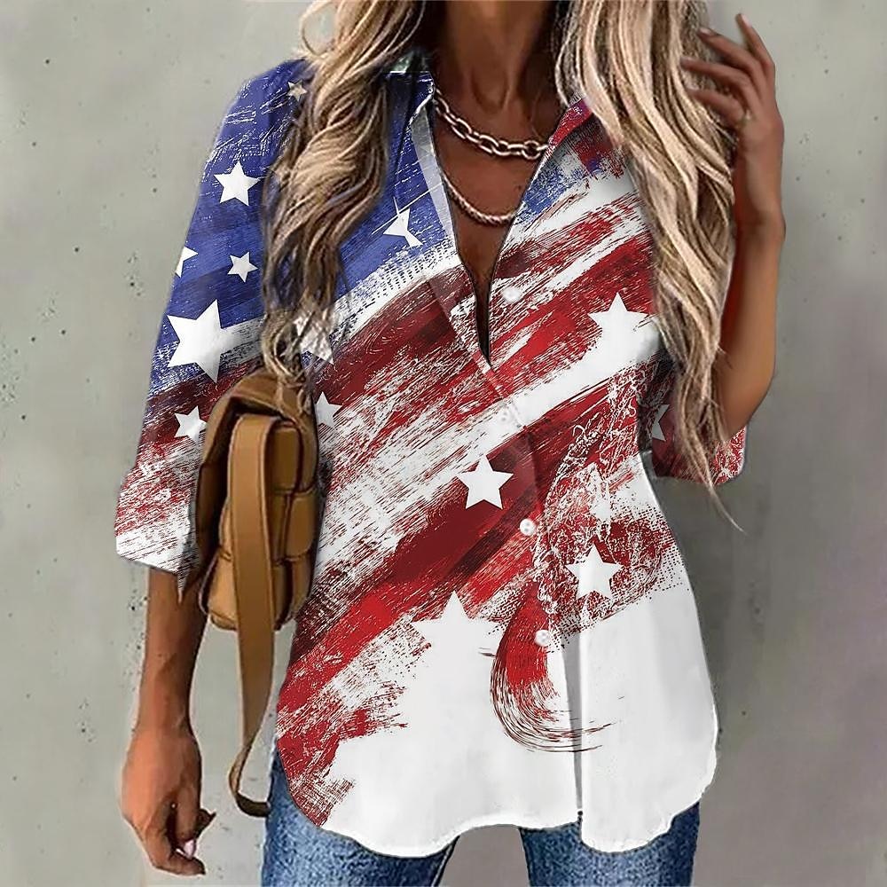 Independence Day Patriotic Women's Shirt Red White And Blue USA National Flag Button Print Red White And Blue Long Sleeve Daily Weekend Streetwear Casual Shirt Collar Regular S 2026 - $32.99 –P1
