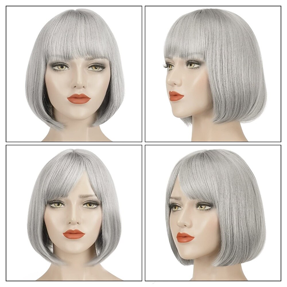parrucche corte e dritte da 11 pollici sintetiche con frangia parrucca per capelli cosplay per feste quotidiane per donne nere grigio argento del 2025 a $16.49 –P2