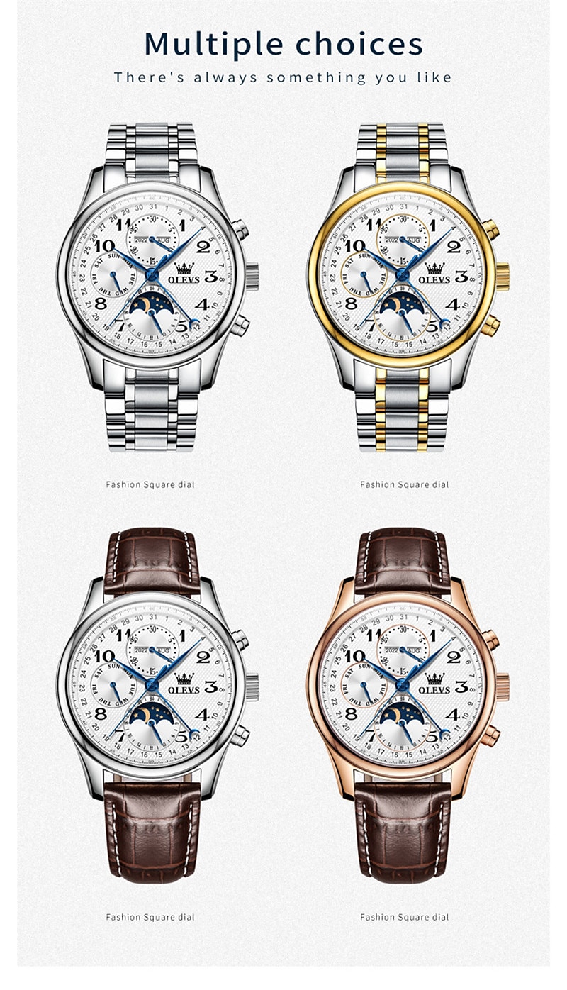 OLEVS Men Mechanical Watch Calendar Luxury Waterproof Wristwatch Automatic Self-winding Moon phase Dual Display Calendar Stainless Steel Strap Watch 2025 - $121.99 –P4