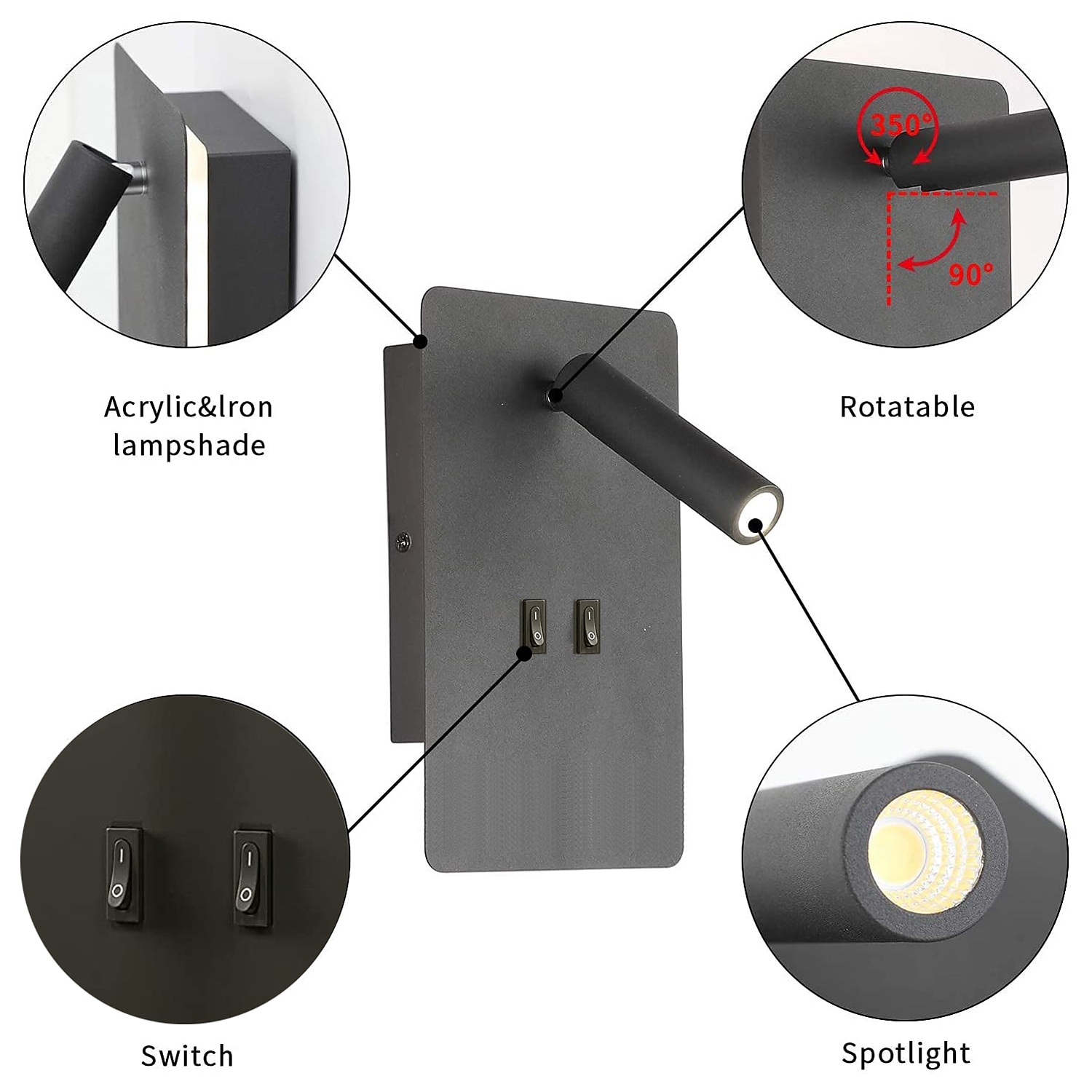 9 Вт современный светодиодный настенный светильник для внутреннего освещения светодиодный прожектор для чтения с переключателем 350 поворотный 2 в 1 5 Вт настенный прожектор светодиодный настенный 2026 - $82.99 –P3